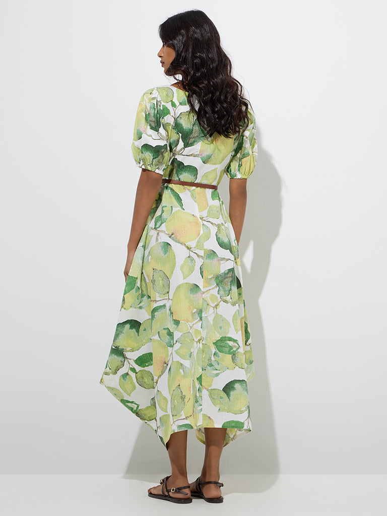 Utsa Lime Botanical Design Cotton A-Line Dress with Belt