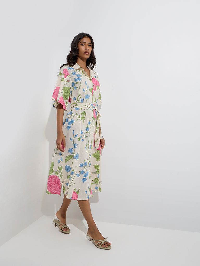Utsa Off-White Floral Detailed Cotton-Blend Shirt Dress with Belt