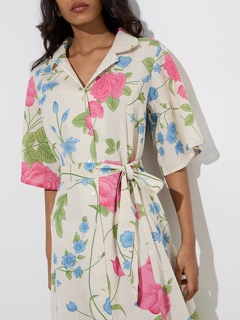 Utsa Off-White Floral Detailed Cotton-Blend Shirt Dress with Belt