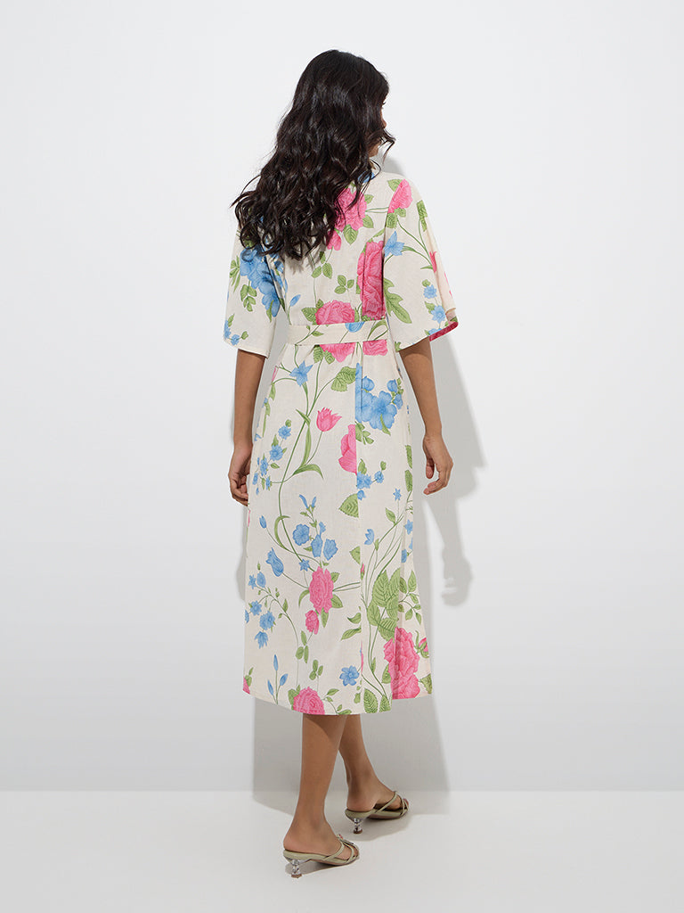 Utsa Off-White Floral Detailed Cotton-Blend Shirt Dress with Belt