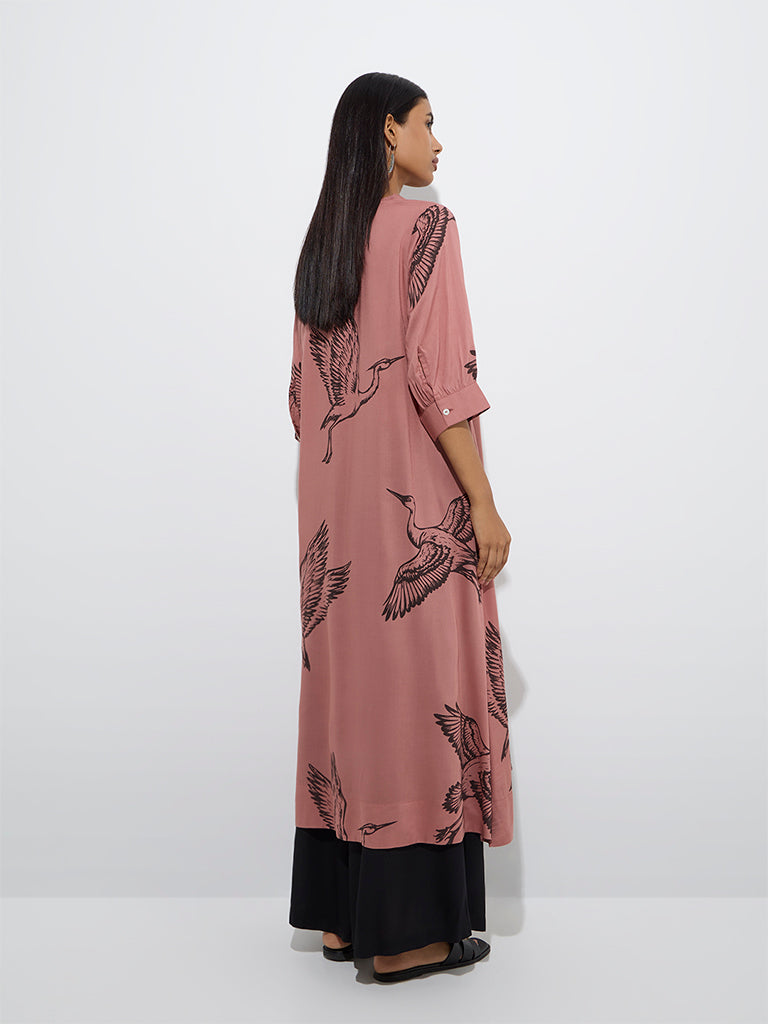 Westside Utsa Women's Dusty Peach Bird Printed A-Line Kurta for Work Wear Back View