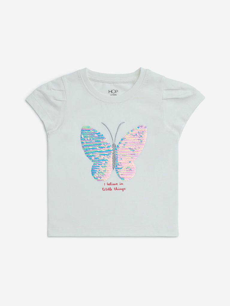 Westside HOP Girls' Kids White Butterfly Sequin Detailed Cotton Top for Casual Wear Front View