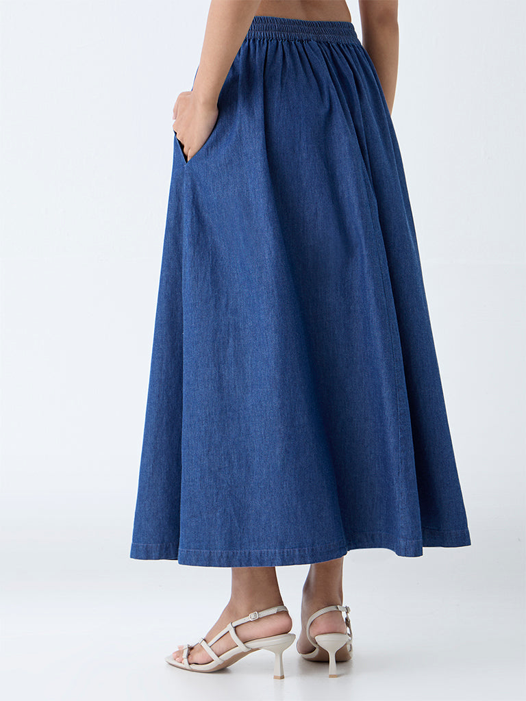 Westside Utsa Women's Indigo Maxi Denim Skirt for Work Wear Back View