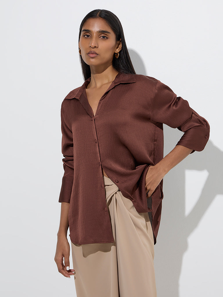 Westside Wardrobe Women's Dark Brown Satin Shirt for Work Wear Front View