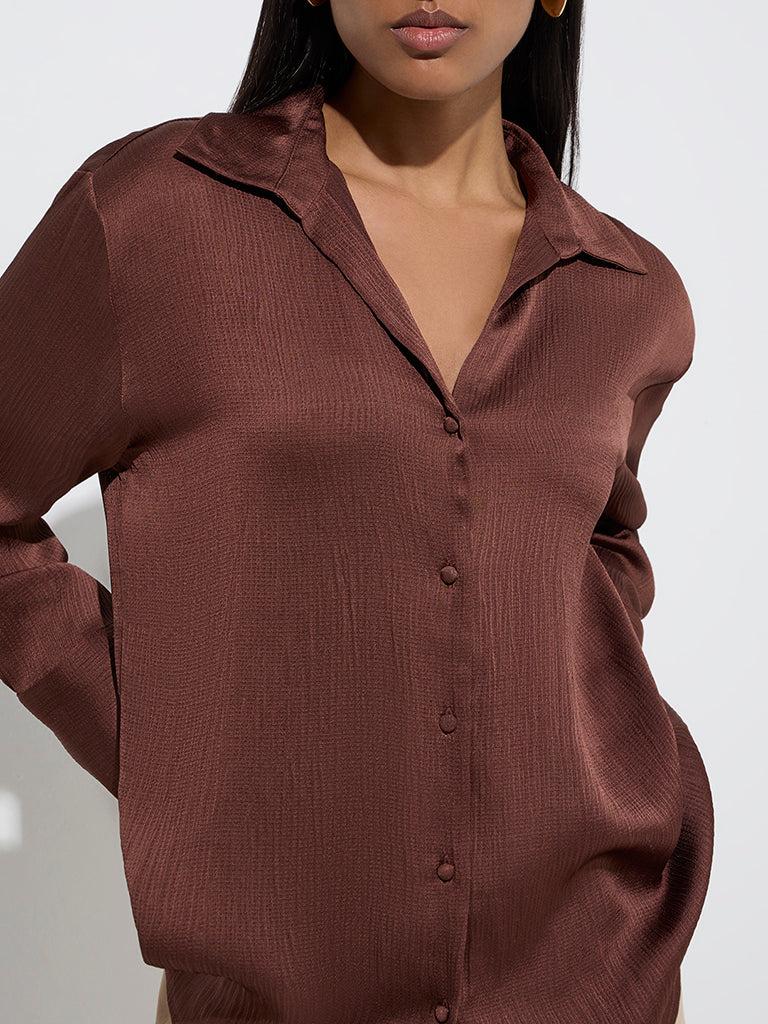 Westside Wardrobe Women's Dark Brown Satin Shirt for Work Wear Zoom View