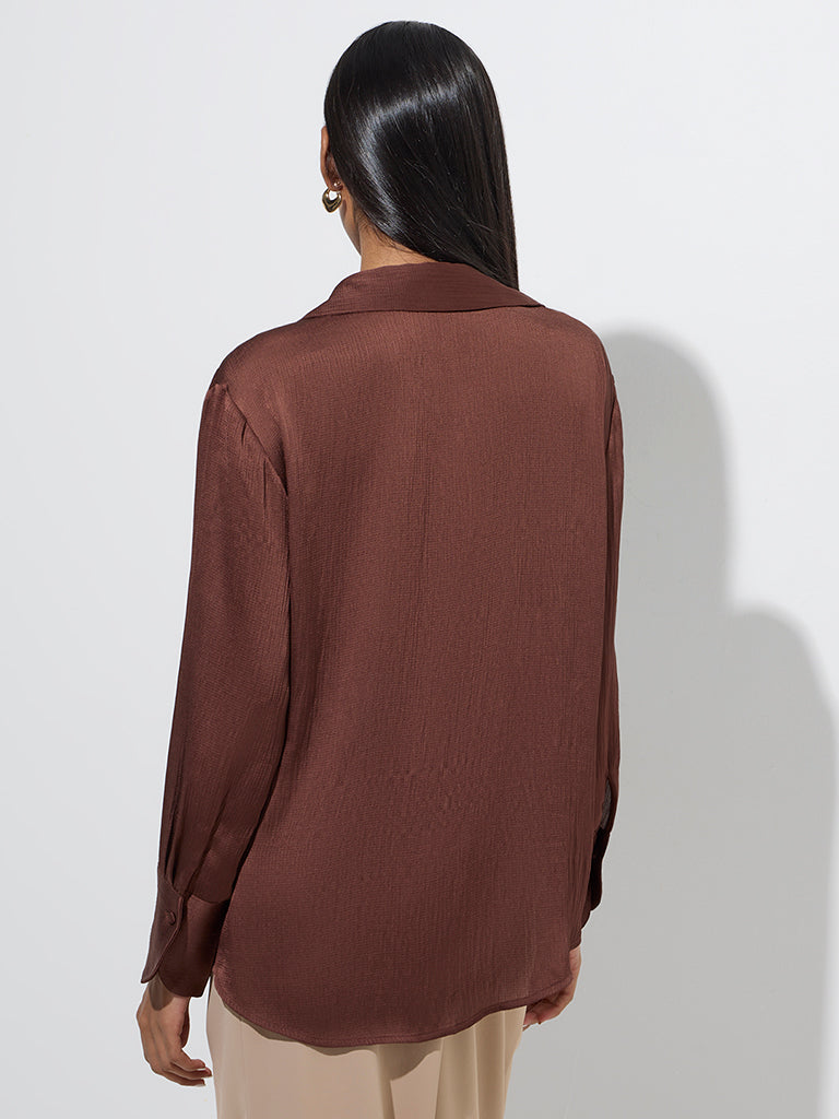 Westside Wardrobe Women's Dark Brown Satin Shirt for Work Wear Back View