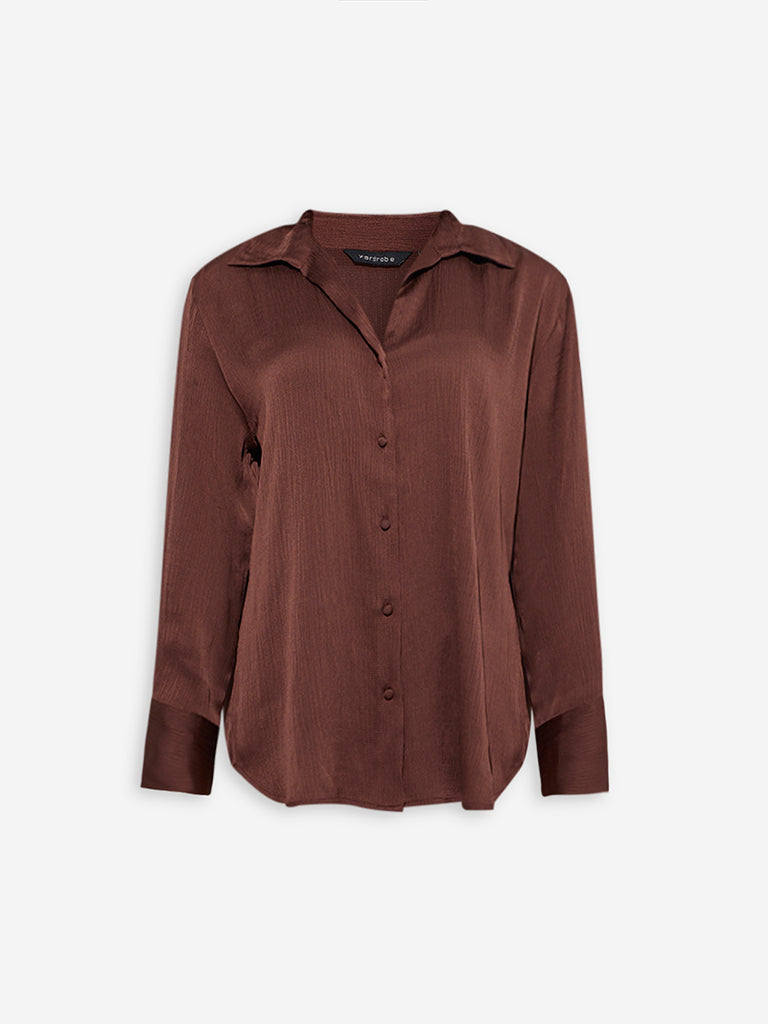 Westside Wardrobe Women's Dark Brown Satin Shirt for Work Wear Flatly View