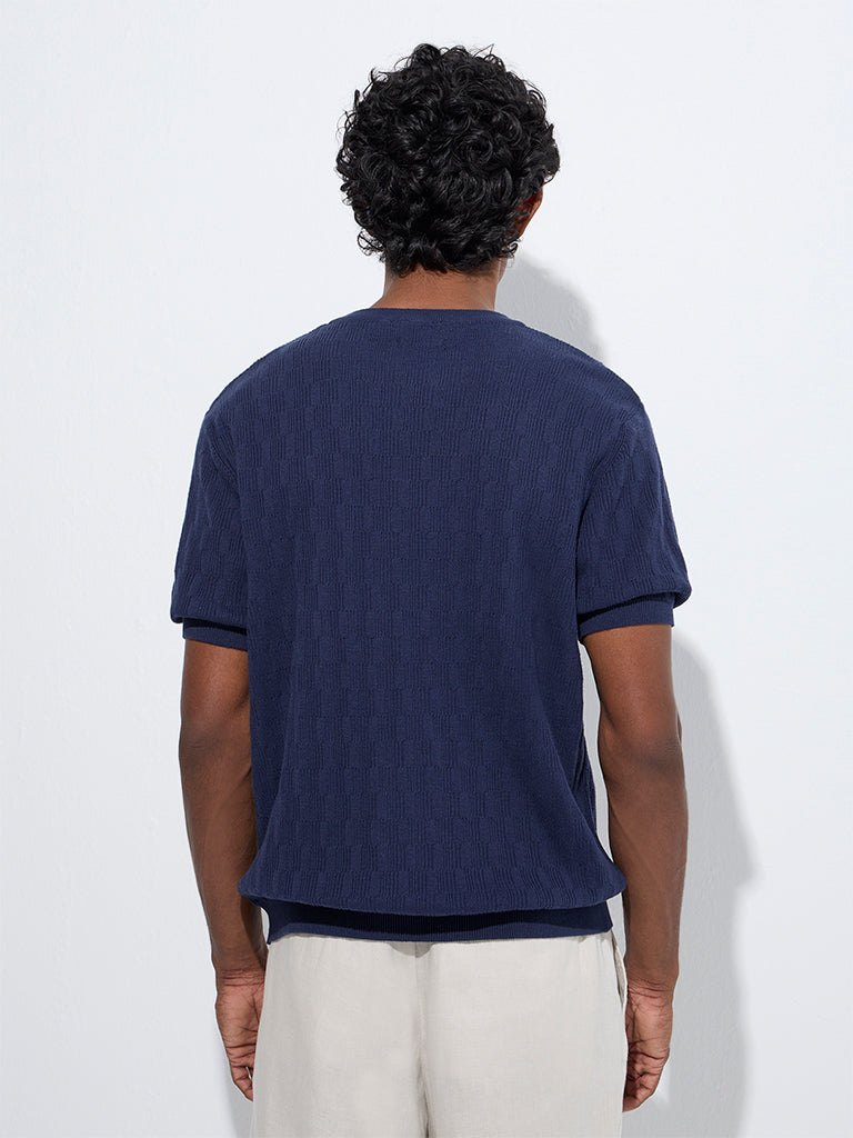 westisde Ascot Men's Navy Knit-Textured Relaxed-Fit Cotton T-Shirt for Casual Wear Back View