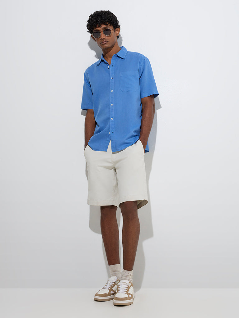 Westside WES Casuals Men's Blue Relaxed-Fit Linen-Blend Shirt for Casual Wear Full Model View