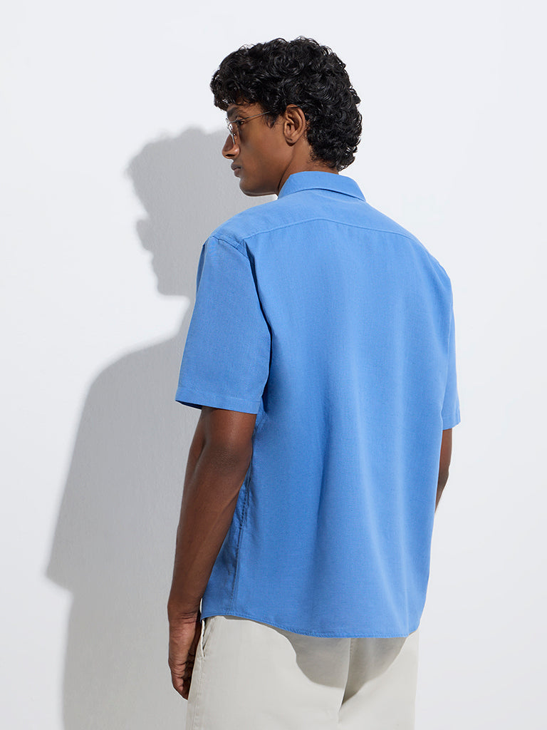 Westside WES Casuals Men's Blue Relaxed-Fit Linen-Blend Shirt for Casual Wear Back View