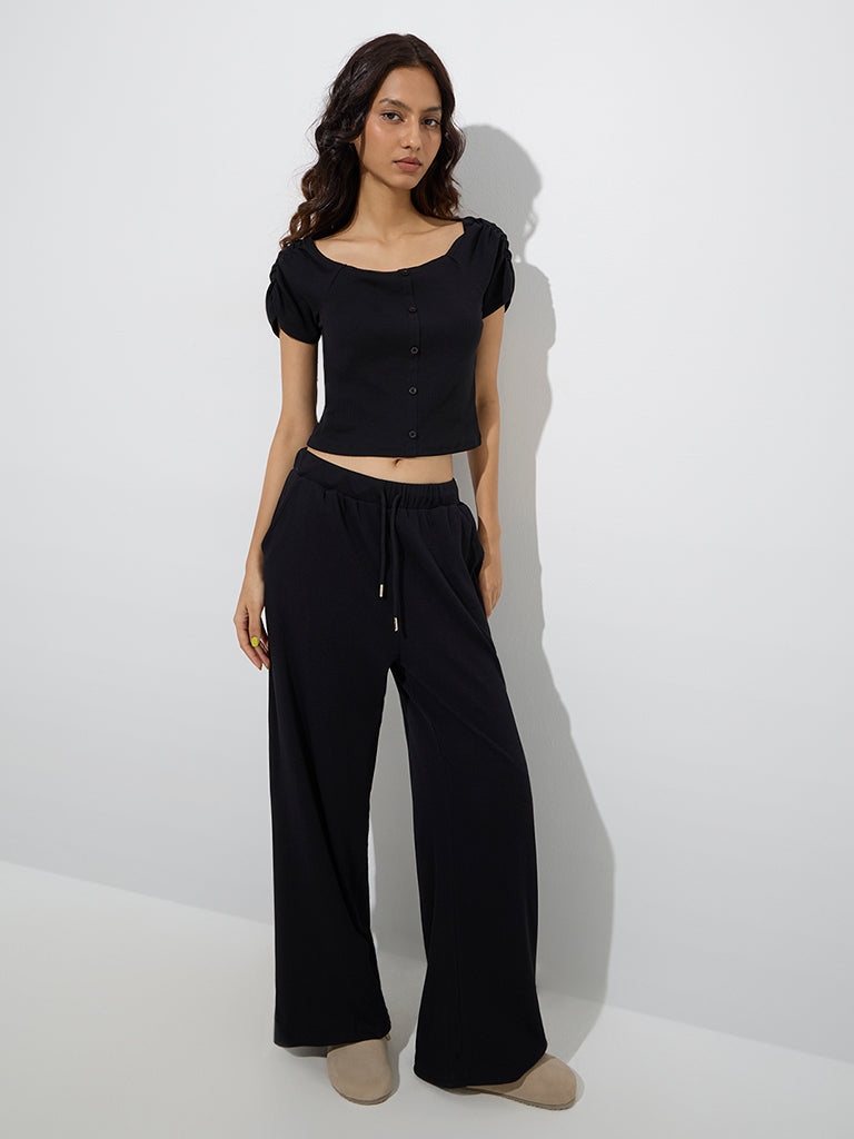 Buy Superstar Black Ribbed-Textured Cotton-Blend Top from