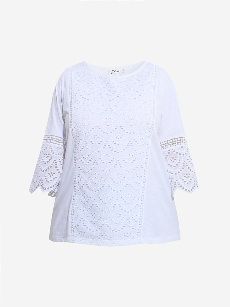 Westside Gia Women's White Schiffli Embroidered Cotton Top for Casual Wear Flatly View