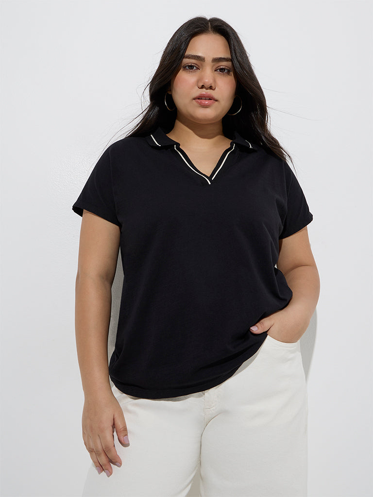 Westside Gia Women's Black Solid Cotton Polo T-Shirt for Casual Wear Front View