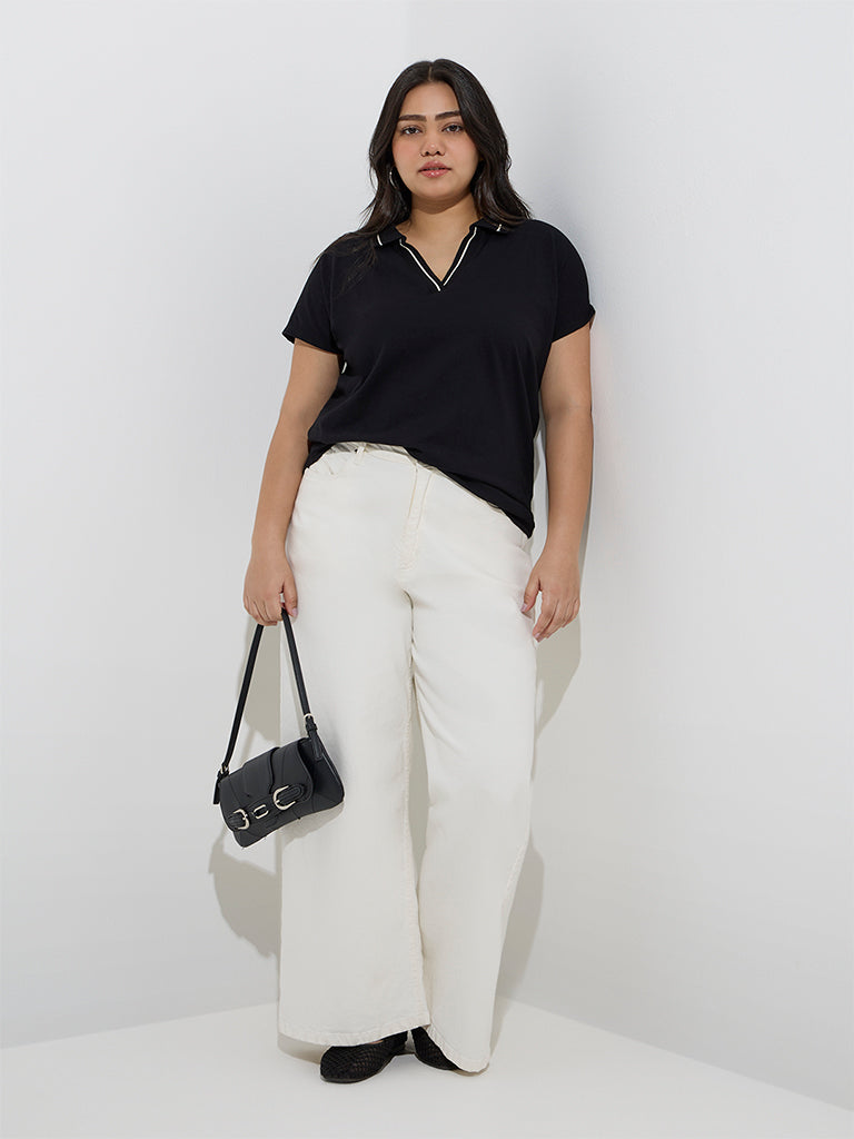 Westside Gia Women's Black Solid Cotton Polo T-Shirt for Casual Wear Full Model View