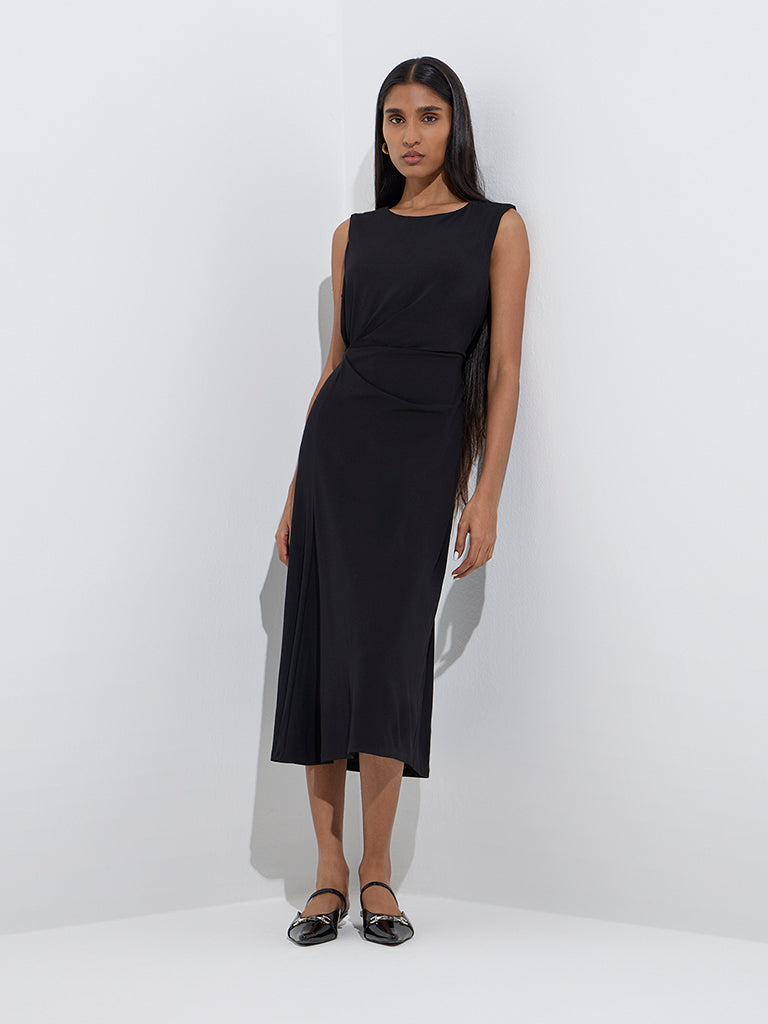 Westside Wardrobe Women's Black Solid Straight Dress for Work Wear Front View