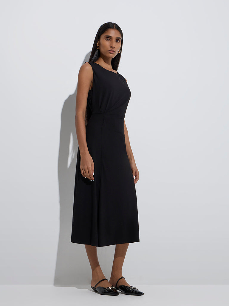 Westside Wardrobe Women's Black Solid Straight Dress for Work Wear Full View