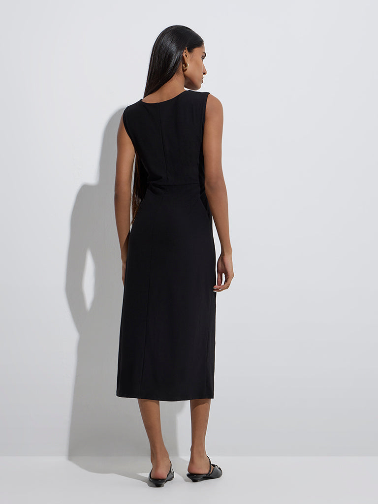 Westside Wardrobe Women's Black Solid Straight Dress for Work Wear Back View