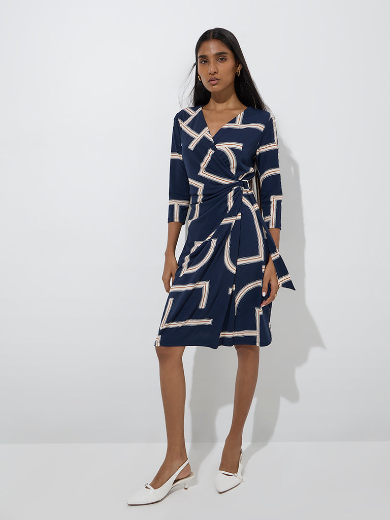Westside Wardrobe Women's Navy Abstract Printed Wrap-Style Dress for Work Wear Full View