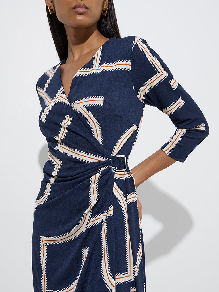 Westside Wardrobe Women's Navy Abstract Printed Wrap-Style Dress for Work Wear Zoomed View