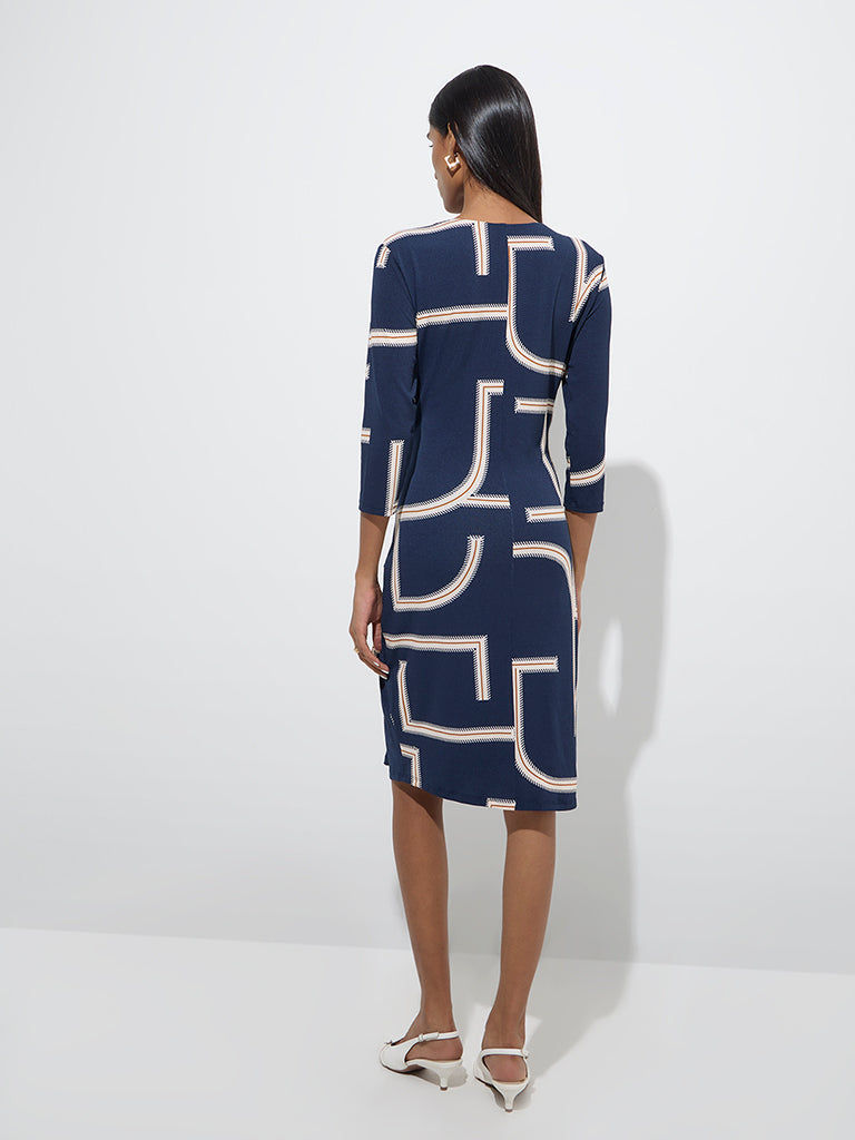Westside Wardrobe Women's Navy Abstract Printed Wrap-Style Dress for Work Wear Back View