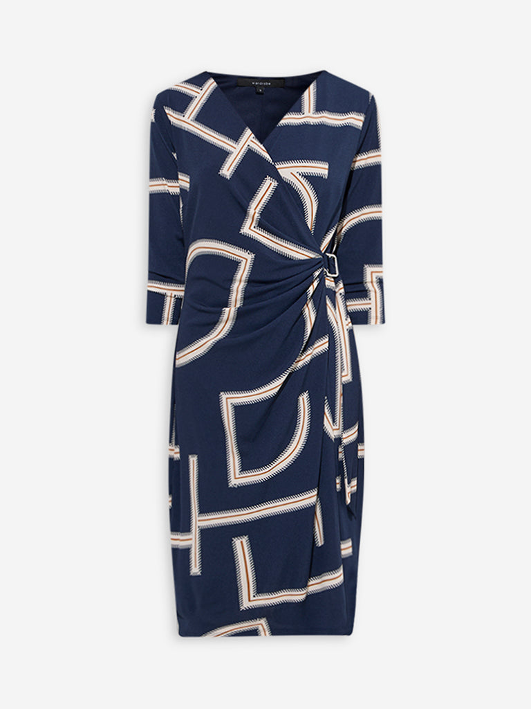 Westside Wardrobe Women's Navy Abstract Printed Wrap-Style Dress for Work Wear Flatly