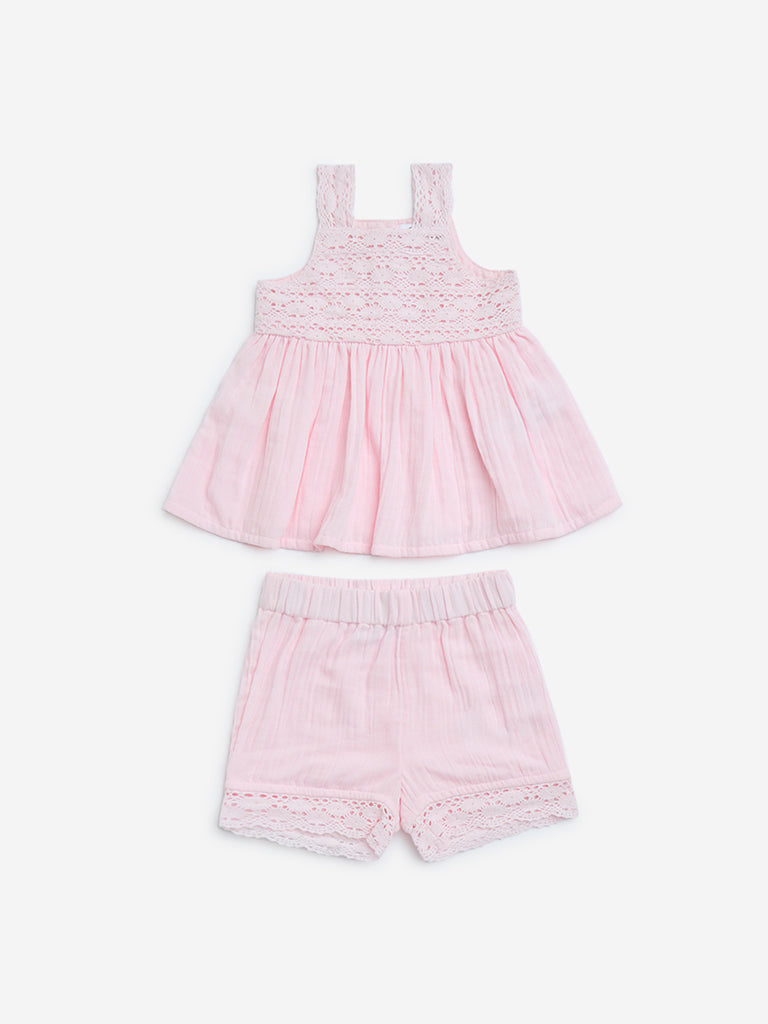 Westside HOP Baby Girls' Pink Crochet-Detailed Cotton Top and Shorts Set for Casual Wear Front View