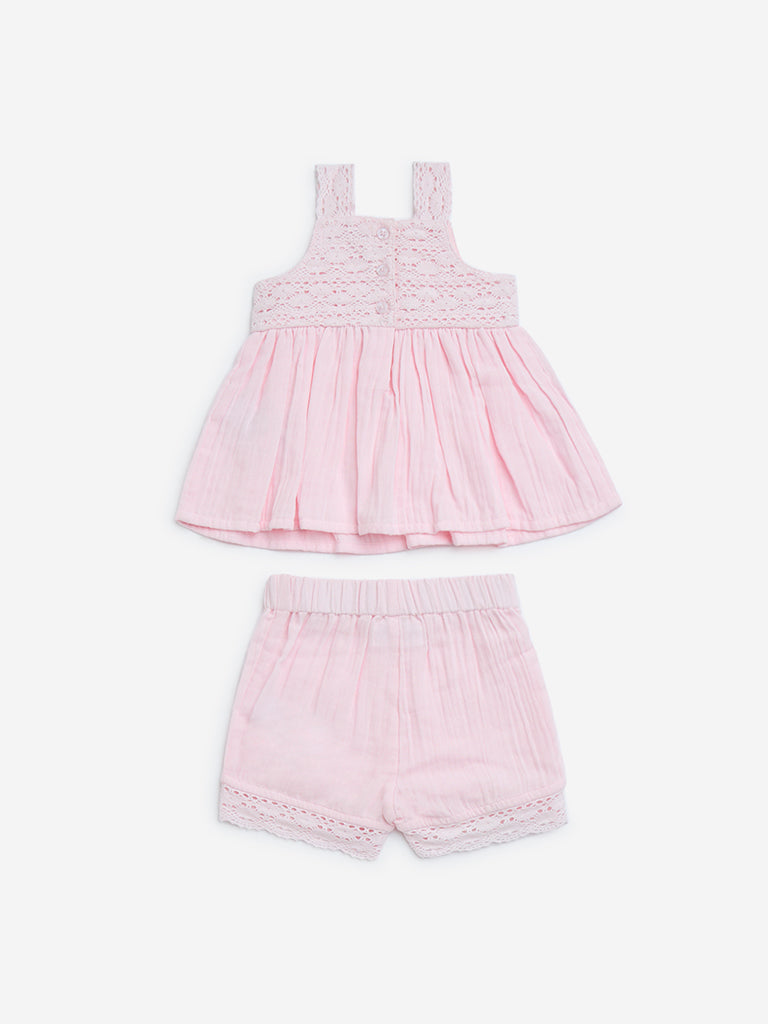 Westside HOP Baby Girls' Pink Crochet-Detailed Cotton Top and Shorts Set for Casual Wear Back View