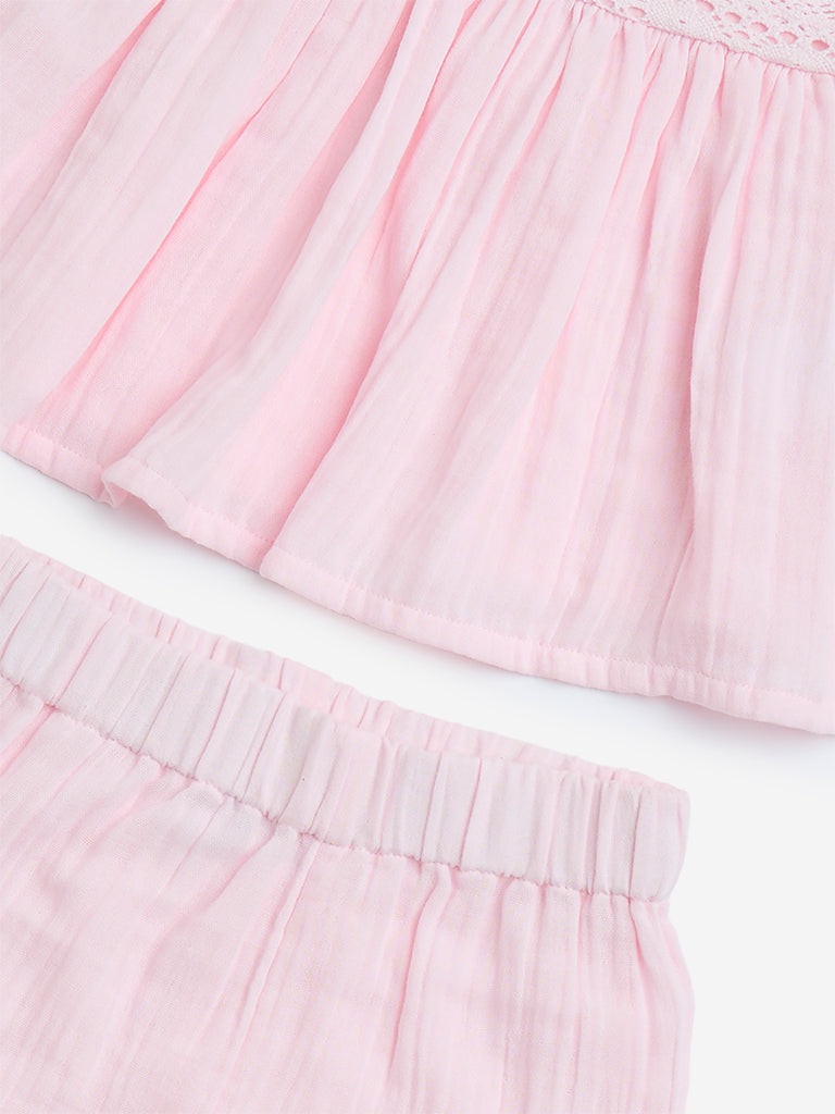 Westside HOP Baby Girls' Pink Crochet-Detailed Cotton Top and Shorts Set for Casual Wear Zoom View