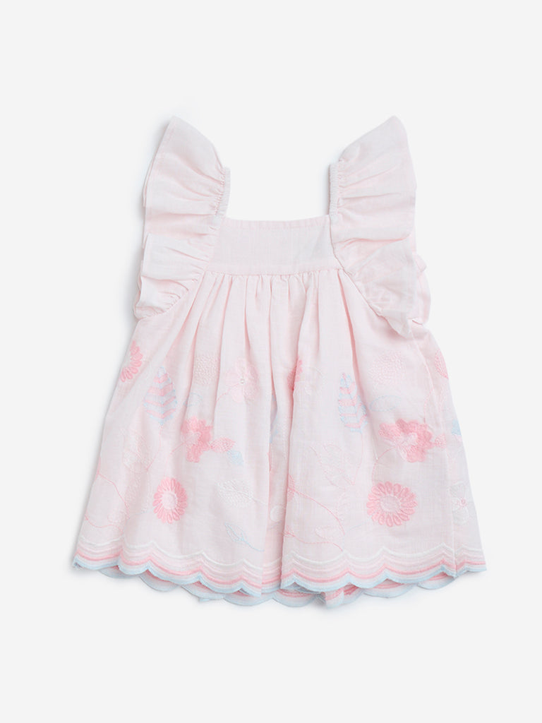 Westside HOP Baby Girls' Pink Floral Embroidered Cotton A-Line Dress for Casual Wear Front View