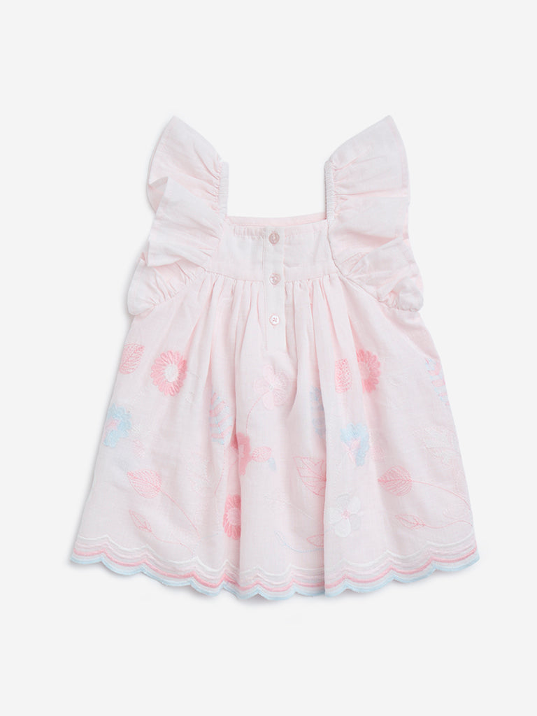 Westside HOP Baby Girls' Pink Floral Embroidered Cotton A-Line Dress for Casual Wear Back View