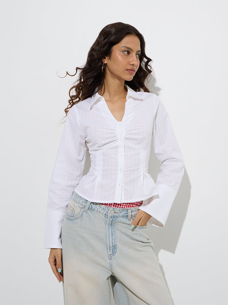 Westside Nuon Women's White Ruched Detailed Cotton Shirt for Casual Wear Front View