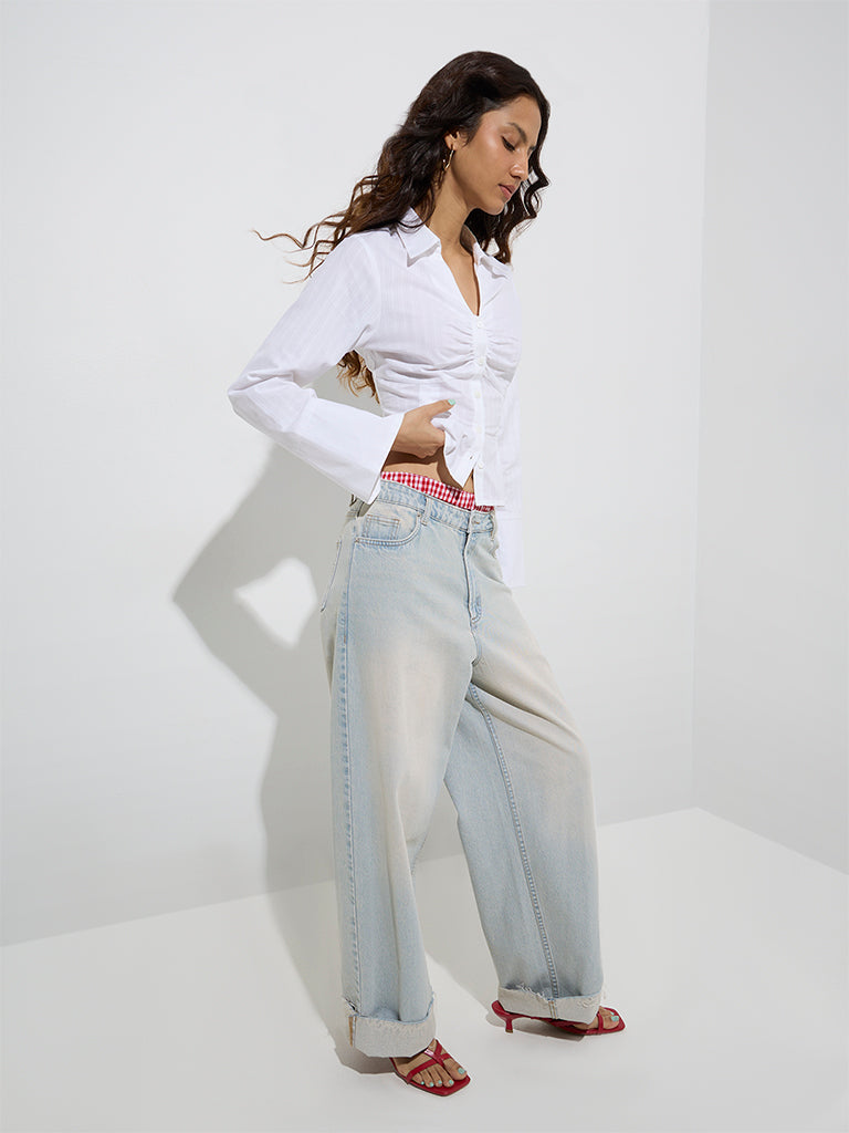 Westside Nuon Women's White Ruched Detailed Cotton Shirt for Casual Wear Full Model View