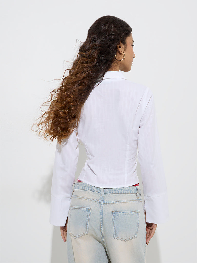 Westside Nuon Women's White Ruched Detailed Cotton Shirt for Casual Wear Back View