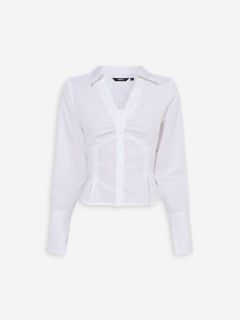 Westside Nuon Women's White Ruched Detailed Cotton Shirt for Casual Wear Flatly View