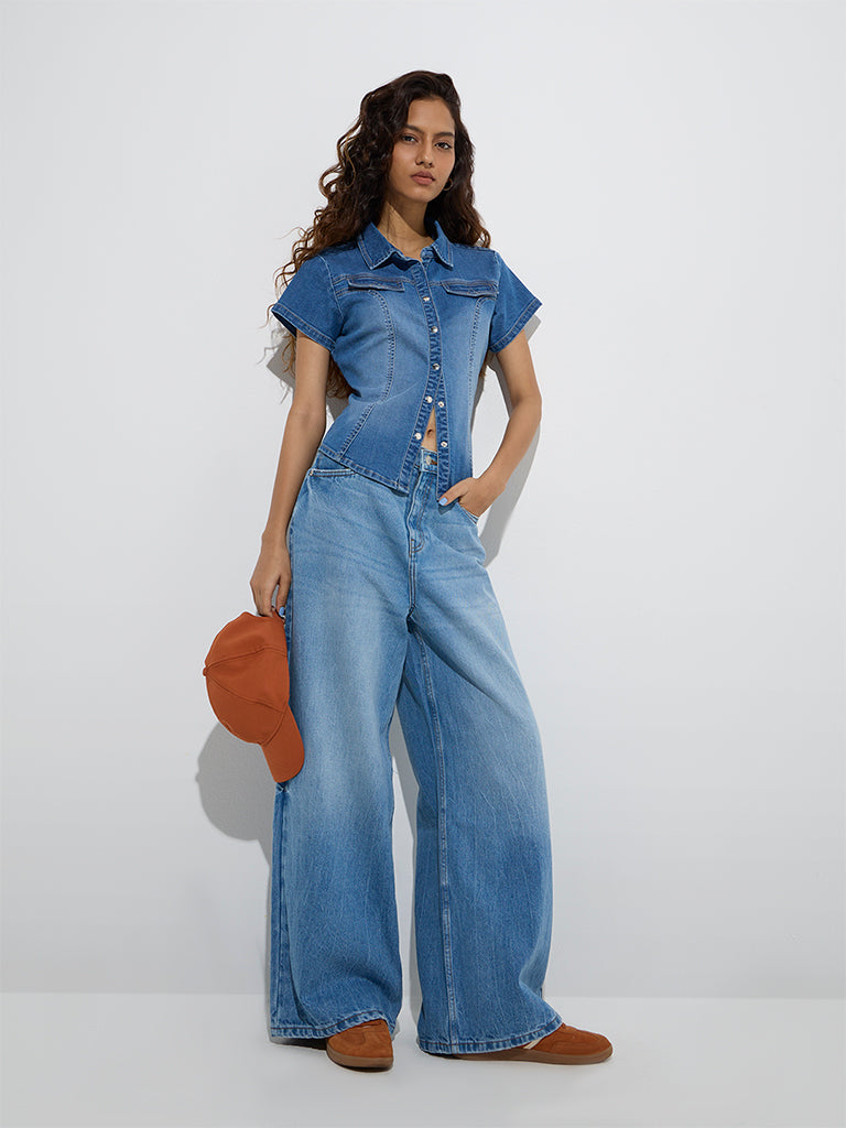Westside Nuon Women's Light Blue Faded Relaxed-Fit Mid-Rise Jeans for Casual Wear Full Model View