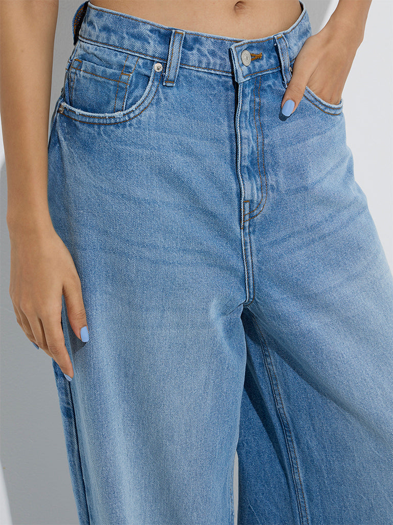 Westside Nuon Women's Light Blue Faded Relaxed-Fit Mid-Rise Jeans for Casual Wear Zoom View