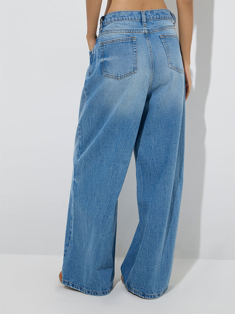 Westside Nuon Women's Light Blue Faded Relaxed-Fit Mid-Rise Jeans for Casual Wear Back View