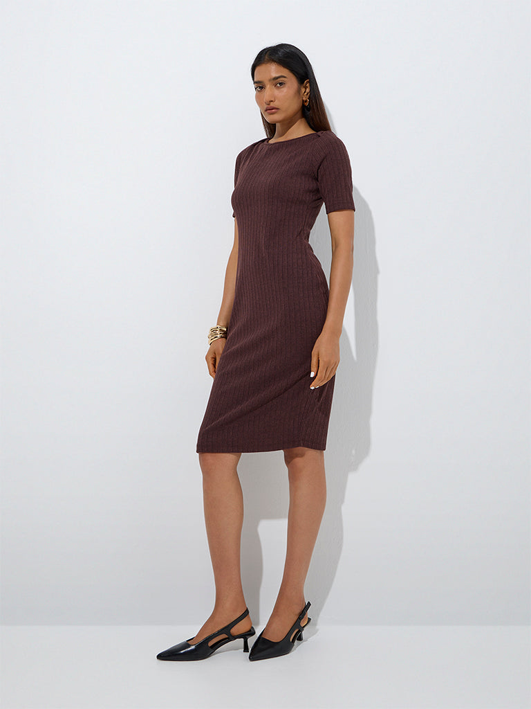 Westside Wardrobe Women's Brown Self-Striped Bodycon Dress for Work Wear Front View