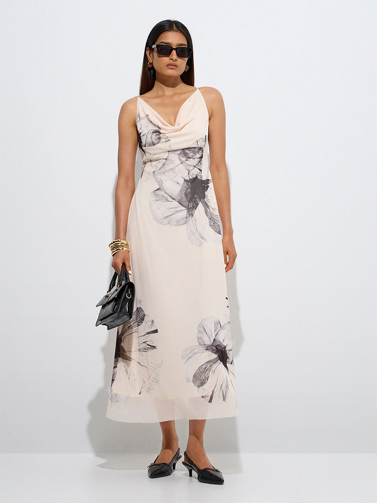 Westside Wardrobe Women's Beige Floral Pattern A-Line Dress for Work Wear Front View