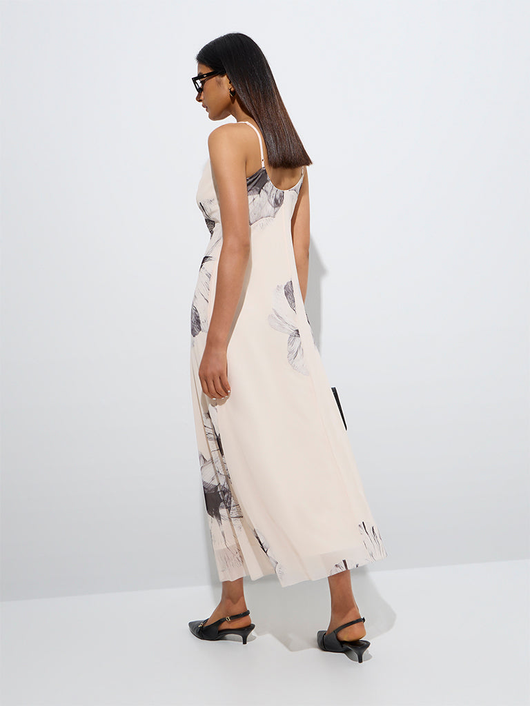 Westside Wardrobe Women's Beige Floral Pattern A-Line Dress for Work Wear Back View