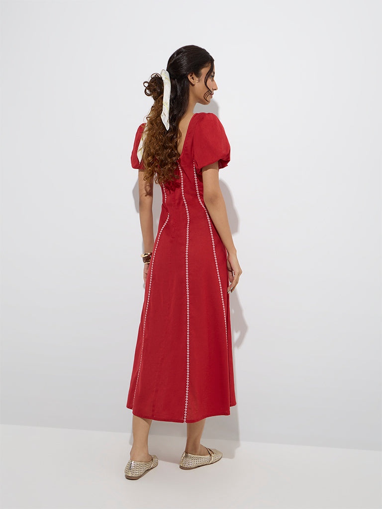 Bombay Paisley Red Embroidered Cotton-Blend A-Line Dress