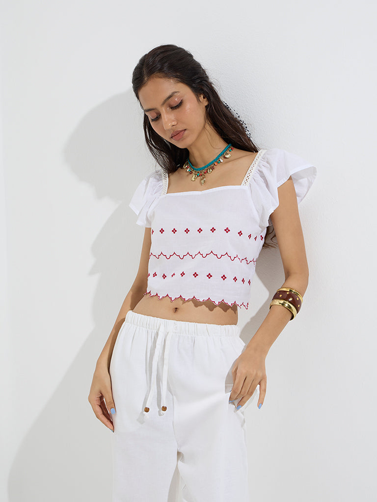 Westside Bombay Paisley Women's White Floral Design Cotton Top for Everyday Full Model View