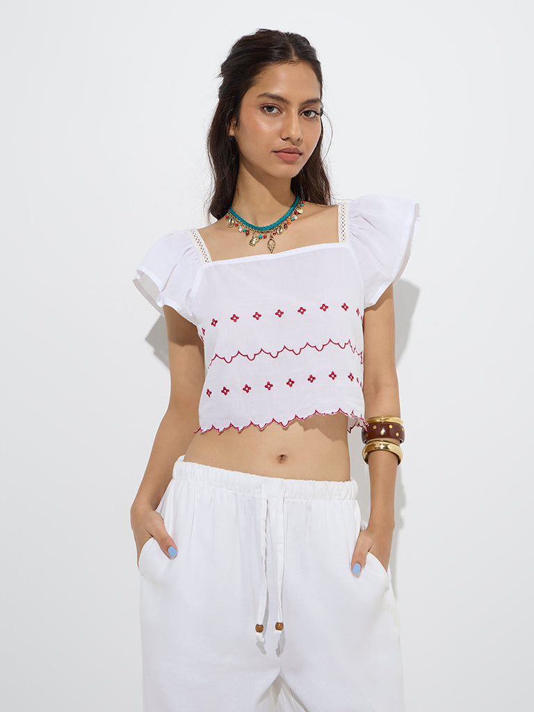 Westside Bombay Paisley Women's White Floral Design Cotton Top for Everyday Front View