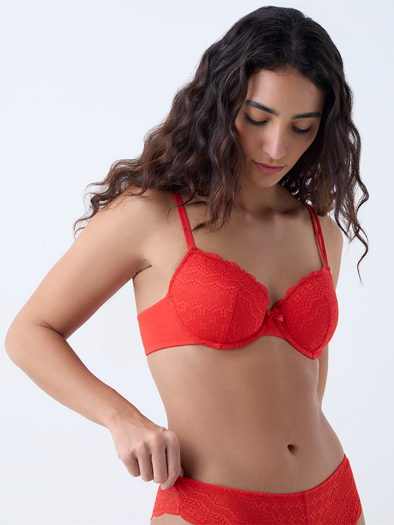 Wunderlove Red Lace Detailed Underwired Bra
