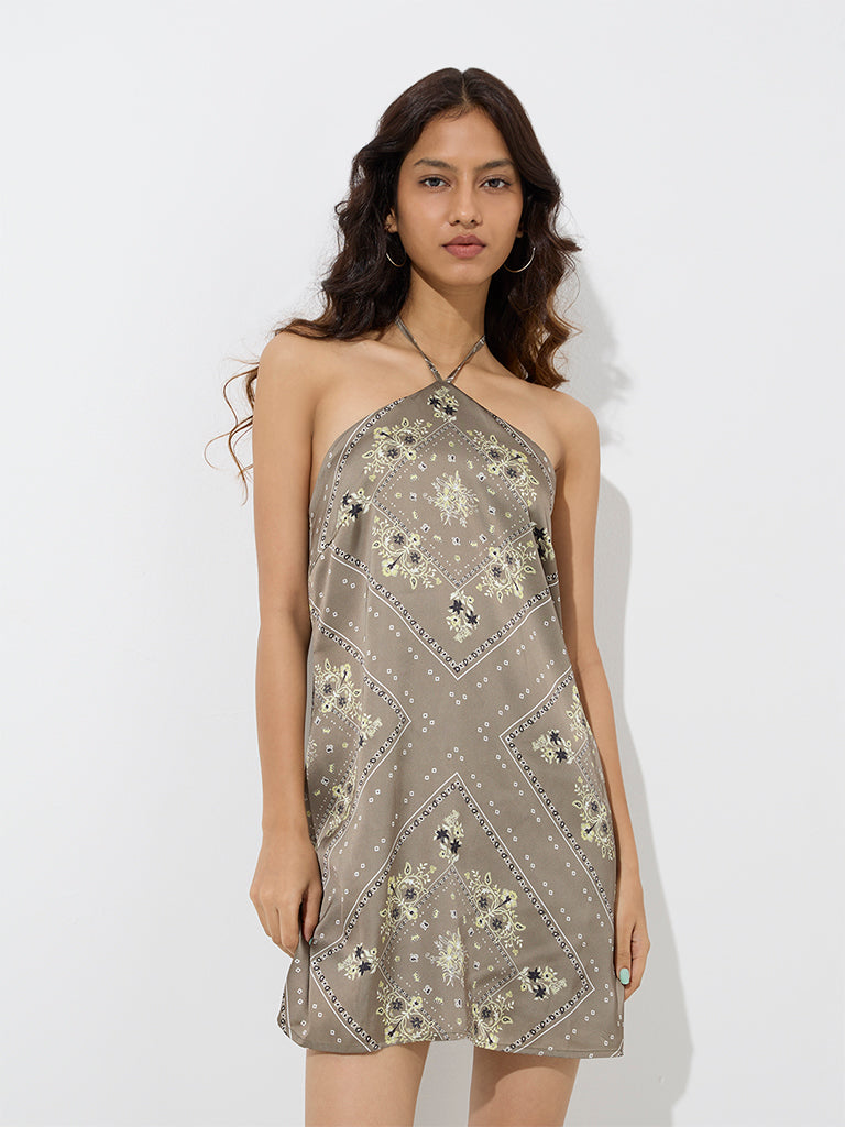Westside Nuon Women's Khaki Printed Halter-Neck A-Line Dress for Casual Wear Front View