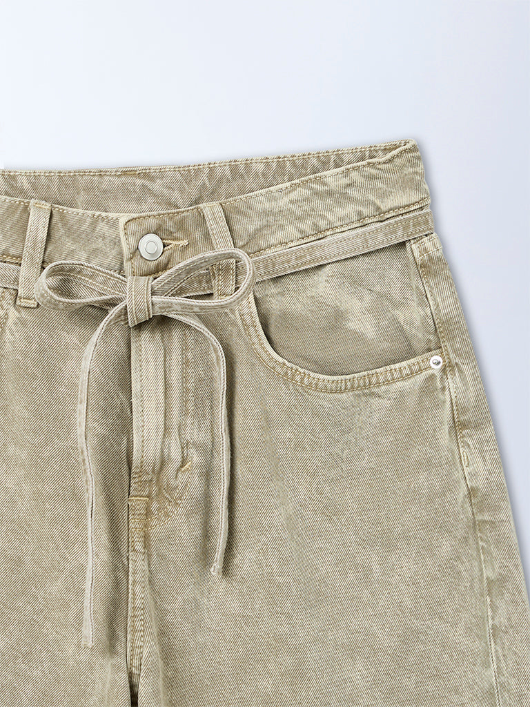 Nuon Light Taupe Washed High-Rise Denim Shorts