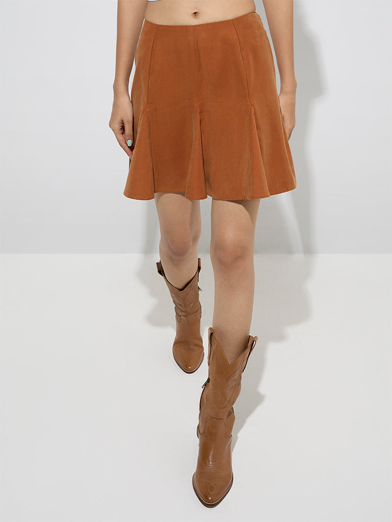 Westside Nuon Women's Orange Pleated High-Rise Skirt for Casual Wear Front View
