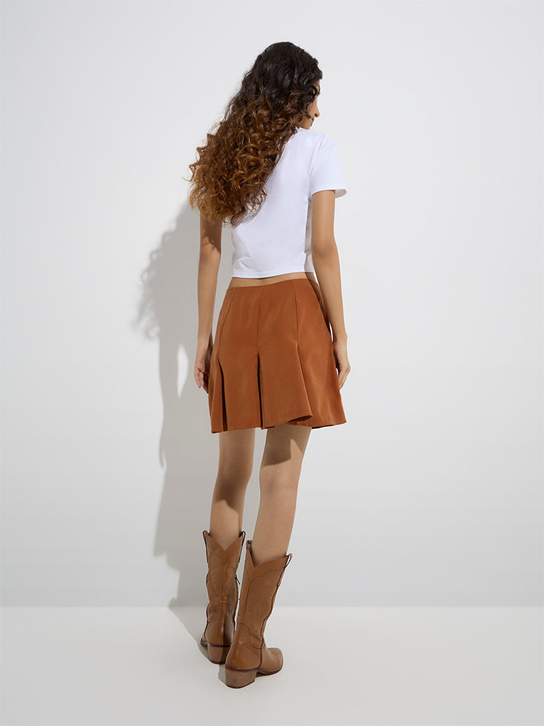 Westside Nuon Women's Orange Pleated High-Rise Skirt for Casual Wear Back View