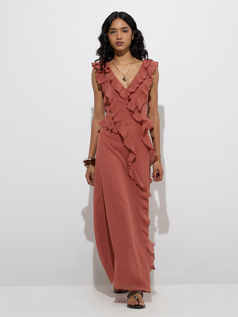 Westside LOV Women's Dusty Pink Ruffle Detailed A-Line Dress for Casual Wear Front View