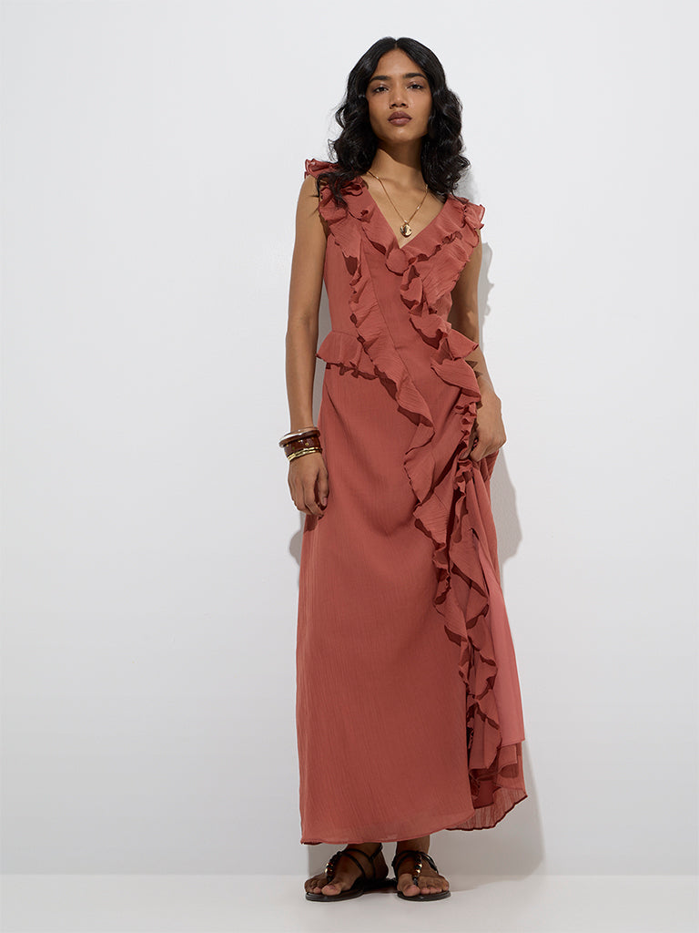 Westside LOV Women's Dusty Pink Ruffle Detailed A-Line Dress for Casual Wear Full Model View